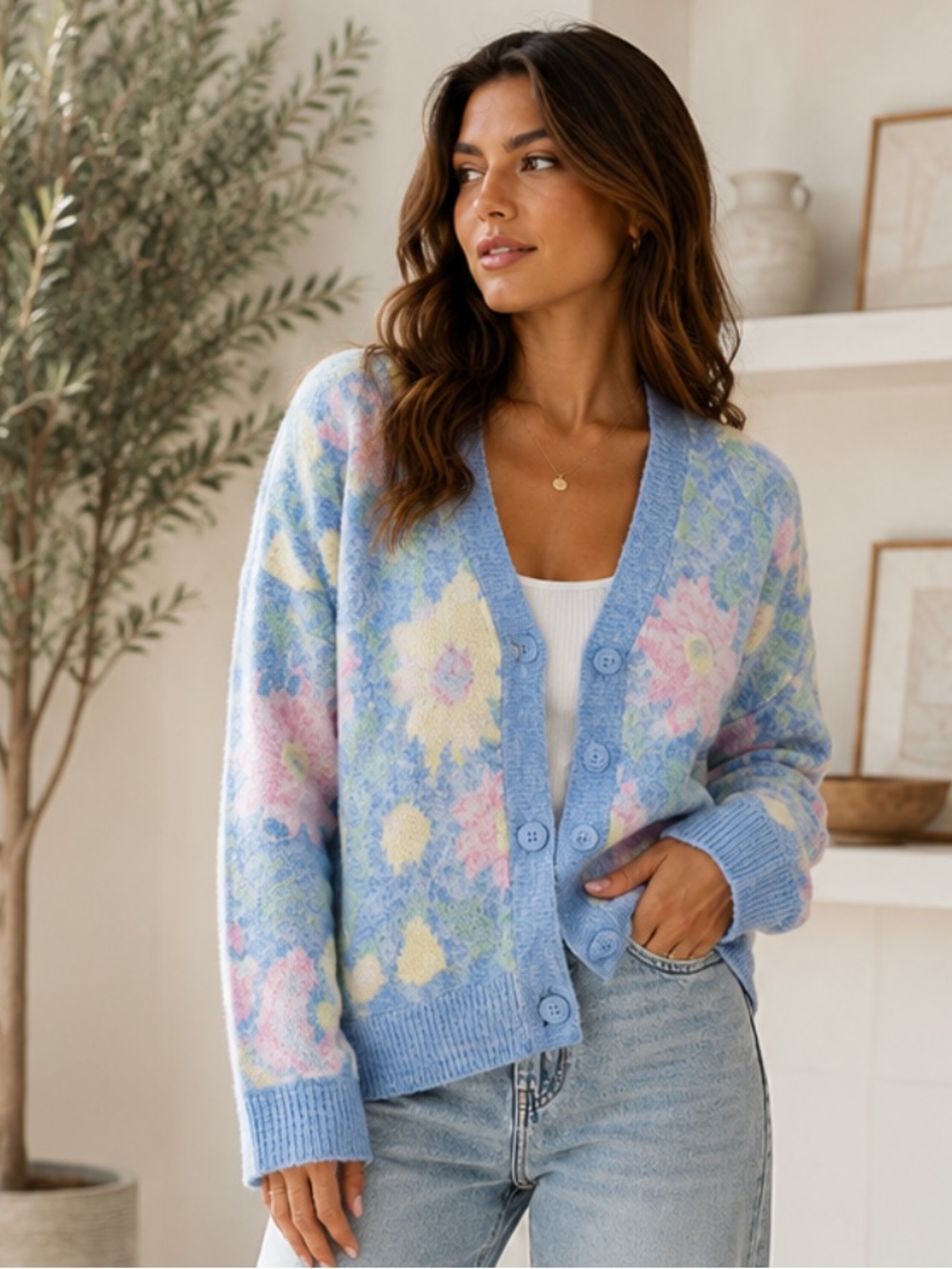 ShopEvelynne Pastel Blue Floral Button-Up Cardigan